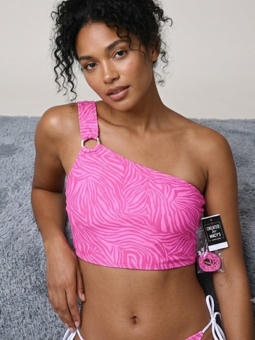 Michael Michael Kors Women's One-Shoulder O-Ring Bikini Top Pink Size L NWTS